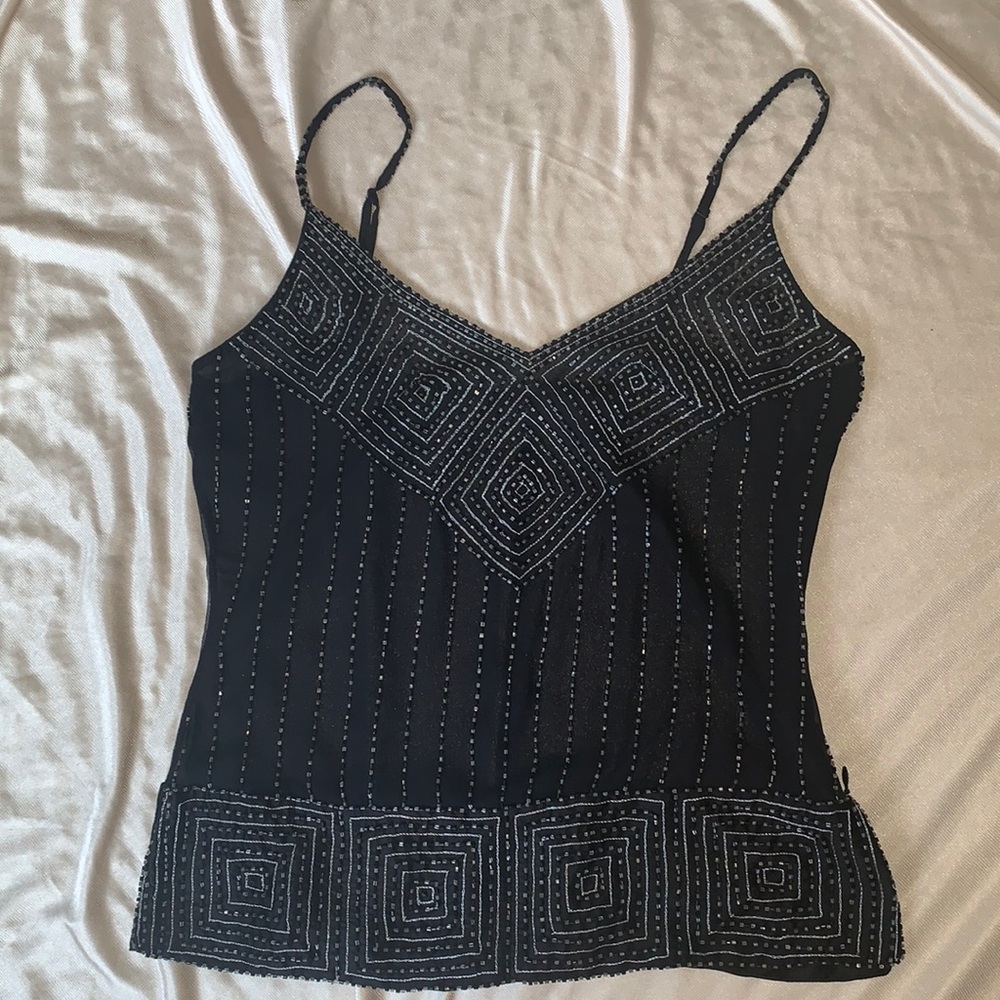 Black Sheer Hand Beaded Spaghetti Strap Tank top | Black Tank Top